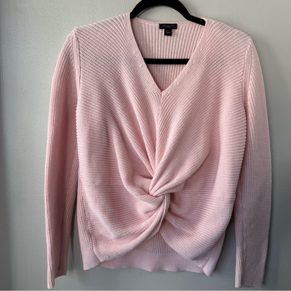 Ann Taylor Factory Pink Twist-Front V-Neck Sweater